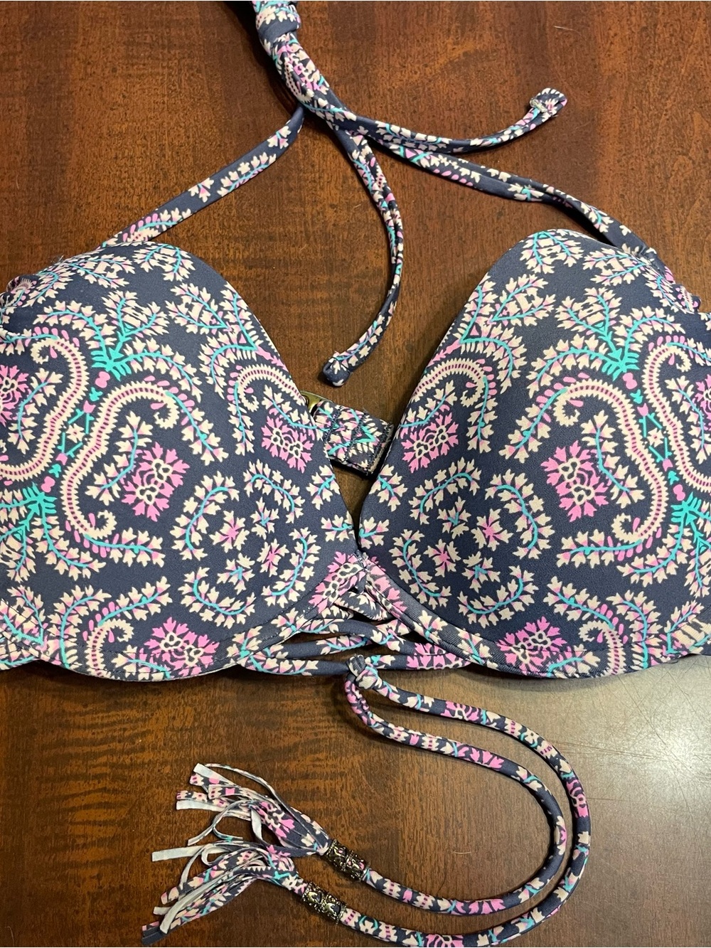 Gray Paisley Halter Bikini Top with Pink & Teal Accents